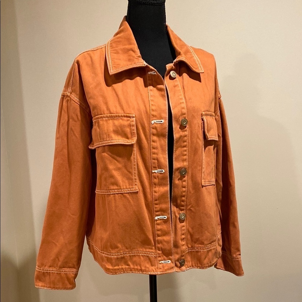 Utility Chore Jacket | Boho Artsy Festival Streetwear Cotton Orange Rust | Small